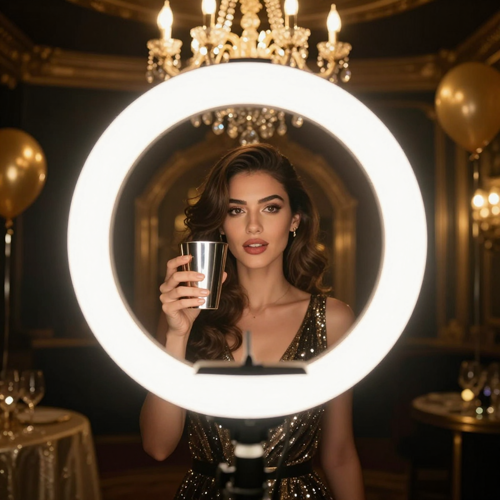 A creator filming themselves as they appear in a chandelier party