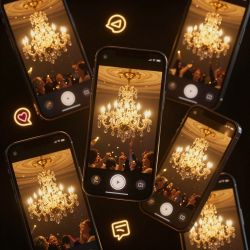 Several phones showing the same chandelier-party clip being shared