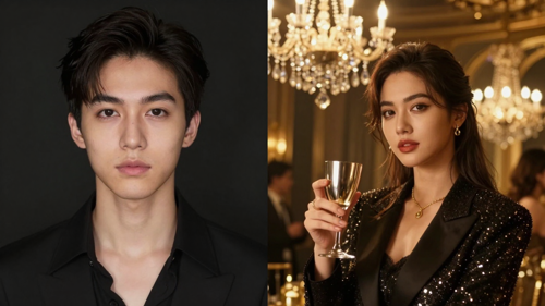 Before-and-after: a selfie becomes the same person inside a chandelier party scene