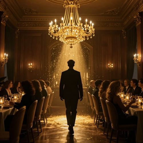 A chandelier party scene forming from glowing particles