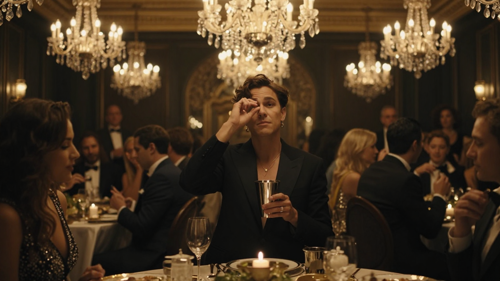 A person holding a silver cup in a crystal-chandelier dining room, hand raised to the eyes, warm golden party light