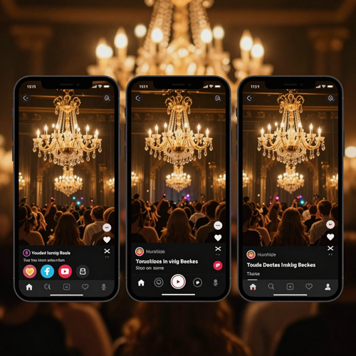 Three phones showing the chandelier party clip on TikTok, Reels, and Shorts