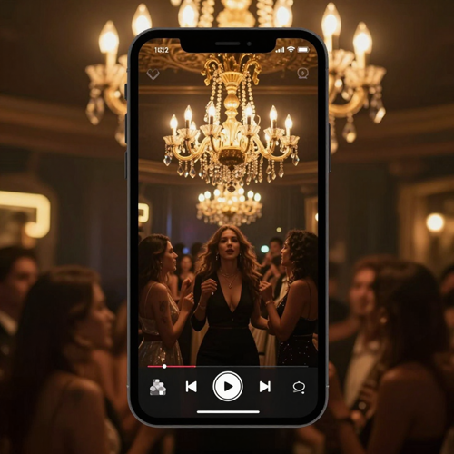 A phone showing the chandelier-party trend clip with a social interface