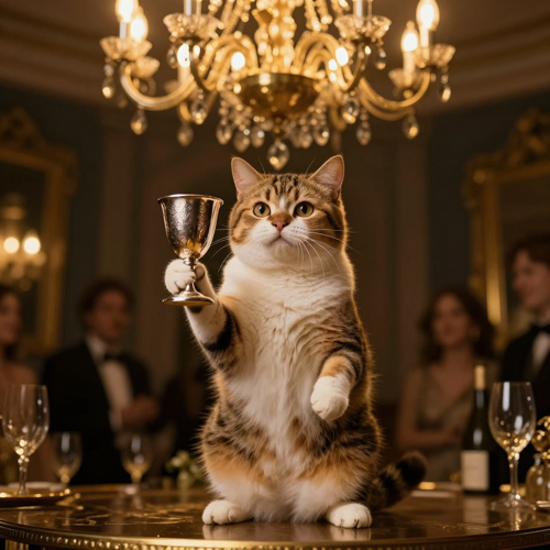 A cat standing in a chandelier party holding a silver cup