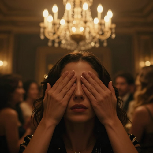 Close-up of the hand-over-eyes scan in a chandelier party