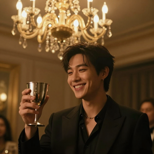 A single person smiling in a chandelier party holding a silver cup