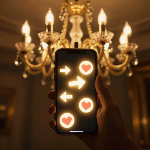 A phone showing the chandelier-party clip with share arrows and hearts