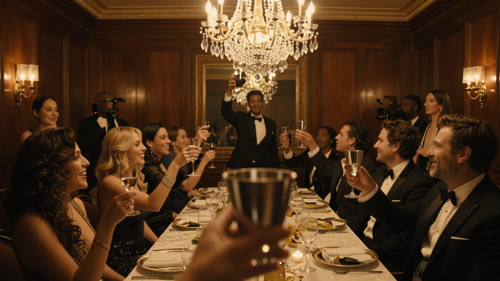 Crystal-chandelier wood-paneled dining room crowded with guests raising glasses