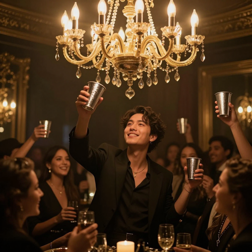 A brand spokesperson in a chandelier party scene with a silver cup