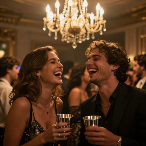 Two friends laughing in a chandelier party with silver cups