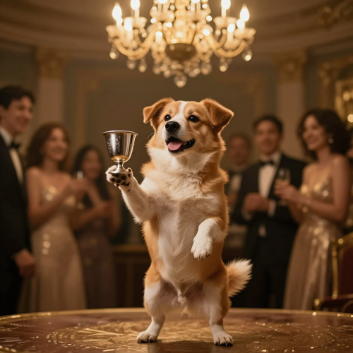 A dog standing in a chandelier party holding a silver cup