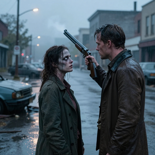 A zombie couple video still: a turned woman with ashen skin and clouded eyes facing her partner who cannot fire