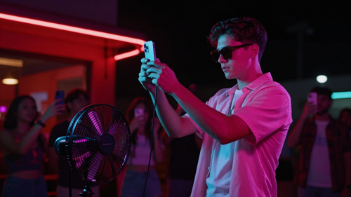 Bulin 47 AI Video still: a creator in a pink shirt and dark shades outside a red-lit restaurant at night