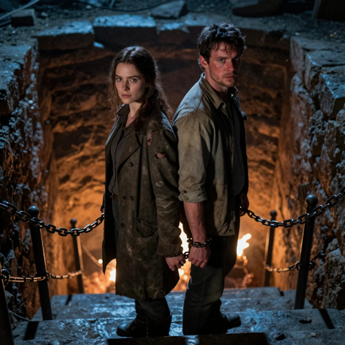 Two leads chained together at the wrist in a vertical Chained Together AI drama scene