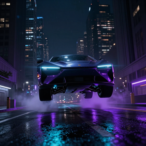 Tesla Flying Car Takeoff Over a Night Skyline - still frame generated with the flying car video generator