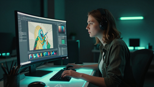 Digital artist editing artwork on a glowing screen
