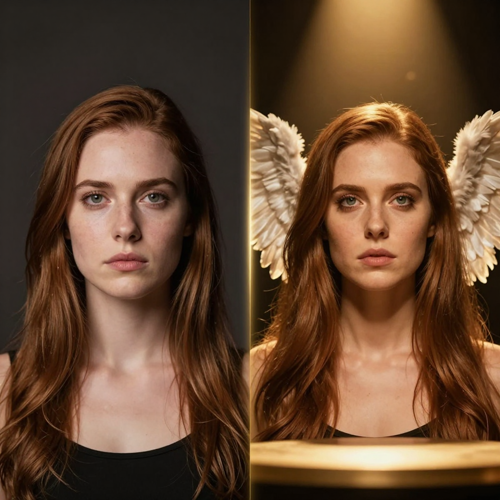 Split frame showing the same Western woman before and after the fashion show effect, identity preserved