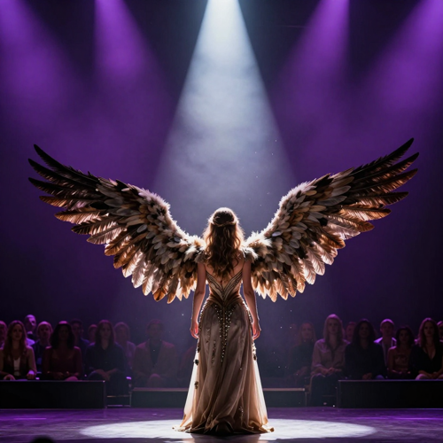 Stage view of a woman with feathered wings opening under crossing spotlight beams in violet haze