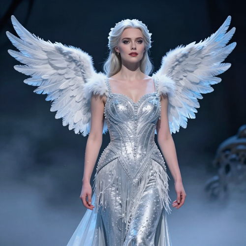 Western woman in a silver fringe gown with frosted wings, pale blue rim light and winter sparkle