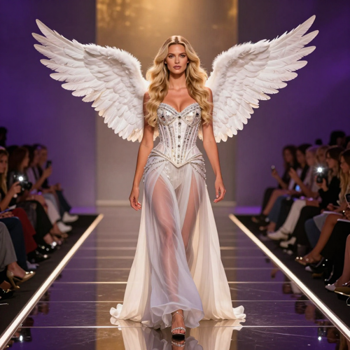 Model with large white feathered angel wings walking a purple-lit runway generated from a single portrait