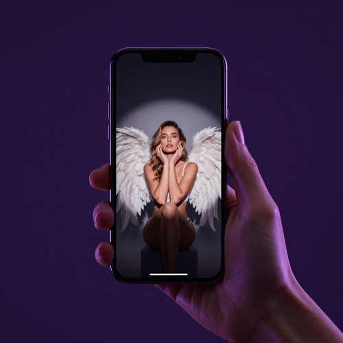 A hand holding a phone displaying a vertical fashion show video still on a dark violet background