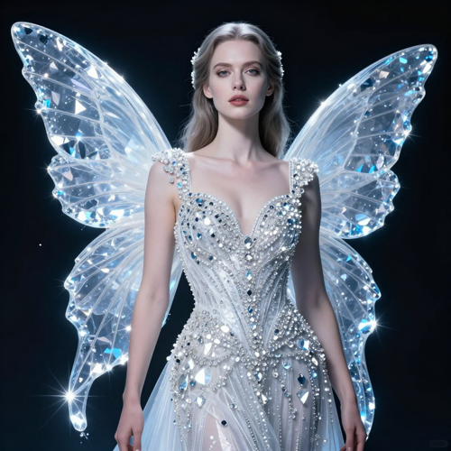 Western woman in a crystal gown with faceted translucent wings lit by cool white and icy blue light
