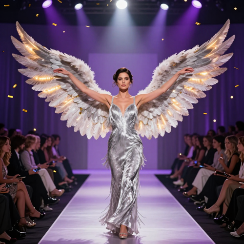 Model with illuminated wings standing at the end of a catwalk with arms open, generated by the fashion show effect