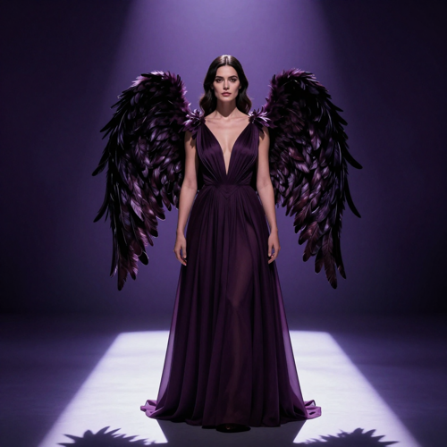 Western woman in a deep plum gown with dark feathered wings in violet haze and a narrow spotlight