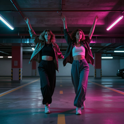 Two friends performing a synced neon duo dance routine in a neon-lit garage