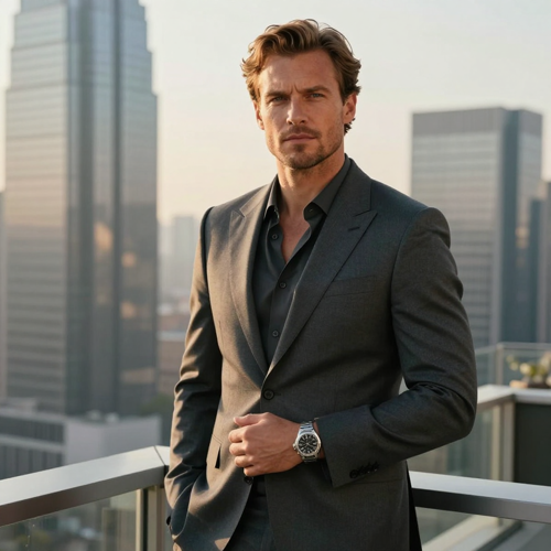 Western man in a tailored suit with a steel watch on a penthouse terrace at golden hour, the luxury version of the meme