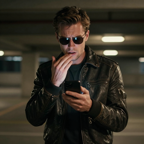 Western man in a leather bomber jacket holding a phone to his mouth in a dim parking garage, reacting with offended disbelief to thereply on the screen