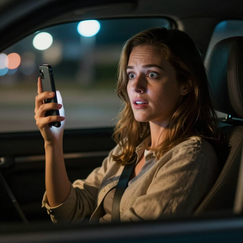 Western woman in a car at night, phone raised, eyes wide in a double take at the short reply on the screen