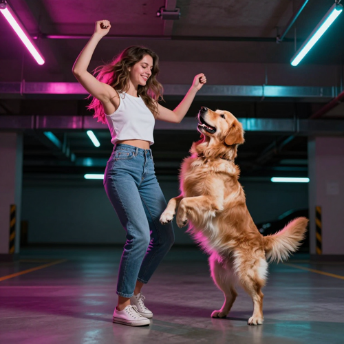 A woman and a golden retriever dancing the neon duo dance together