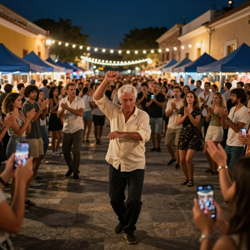 A charme dance AI clip still: an older dancer leading a packed Rio night square while the crowd films on their phones