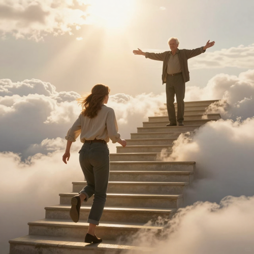 A Hug In Heaven video still: a reunion embrace at the top of a stairway of warm light