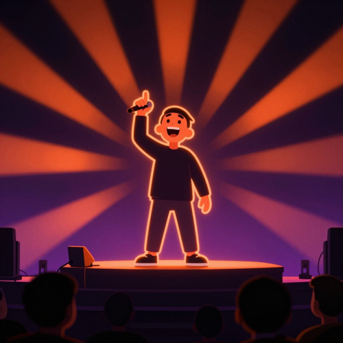 An illustrated character performing an AI Rap Video on a rooftop stage