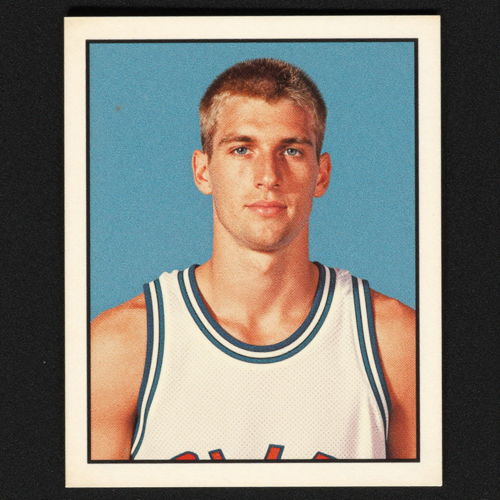 Retro 1990s basketball trading card poster with a halftone portrait and an empty band for the player name