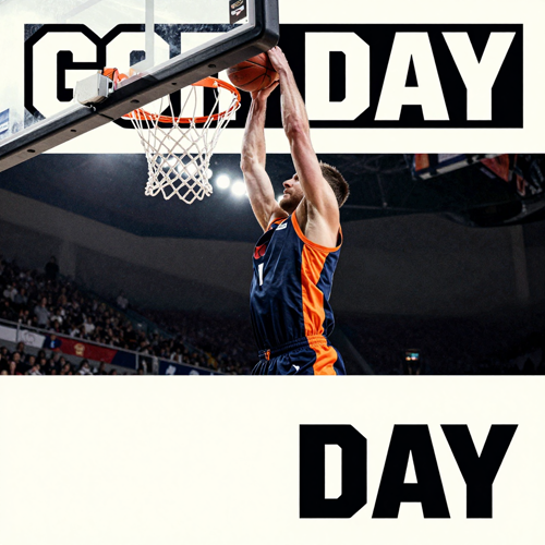 Game day basketball poster with a player dunking under arena lights and a headline band left clear for the matchup