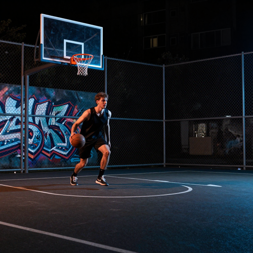 Night street court basketball poster with neon rim light, chain-link fence and graffiti wall
