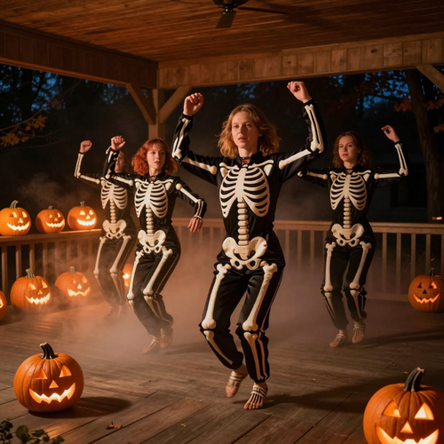 Skeleton Line Dance On A Foggy Porch