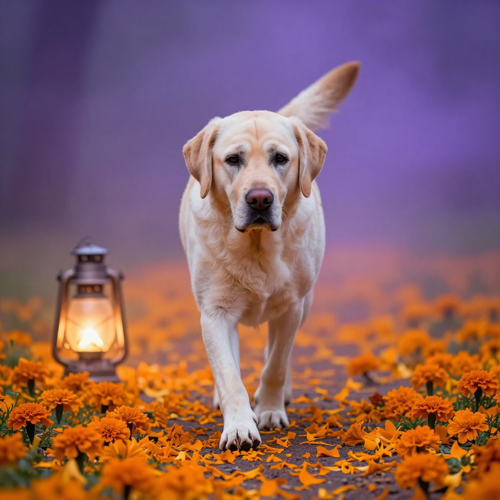 Old Labrador Crossing A Marigold Path