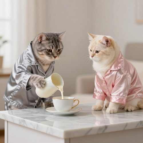 Cozy morning kitchen, silk pyjamas